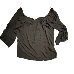 Umgee USA Black Bell Sleeve Top‎ Lace Trim Boho Blouse Women's Size L